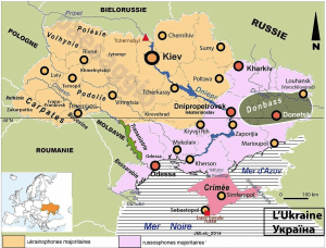 In rosa le regioni a maggioranza russofona; è inoltre evidenziata la regione del Donbass che comprende Lugansk e Donetsk.